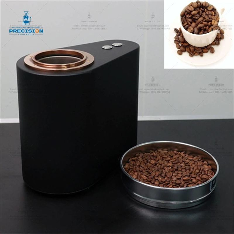 Torradeira de café compacta com capacidade de 200 g, potência de fogo de 1900 kcal e taça de refrigeração de ouro rosa.