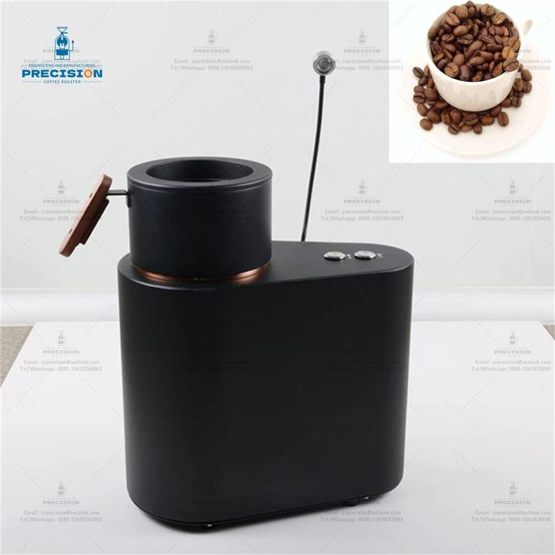 Torradeira de café compacta com capacidade de 200 g, potência de fogo de 1900 kcal e taça de refrigeração de ouro rosa.