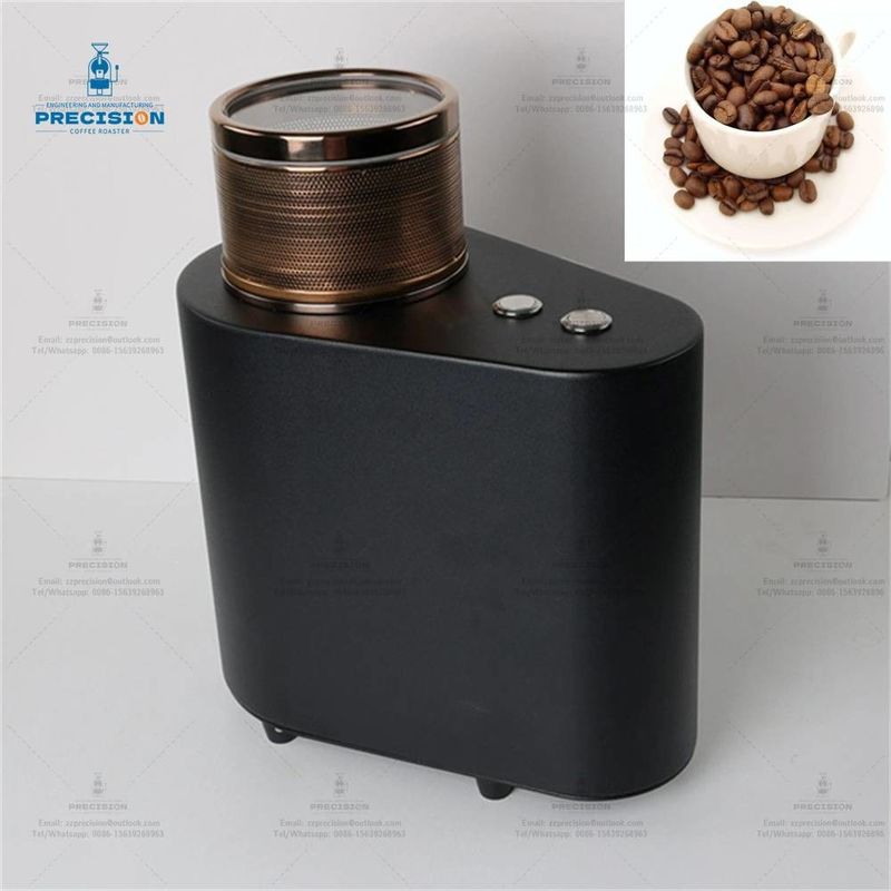 Torradeira de café compacta com capacidade de 200 g, potência de fogo de 1900 kcal e taça de refrigeração de ouro rosa.
